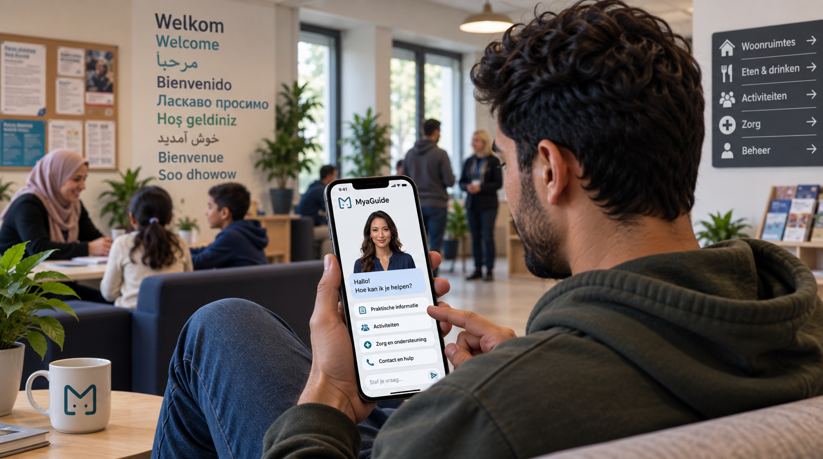 Mya bij de informatiebalie van een opvanglocatie