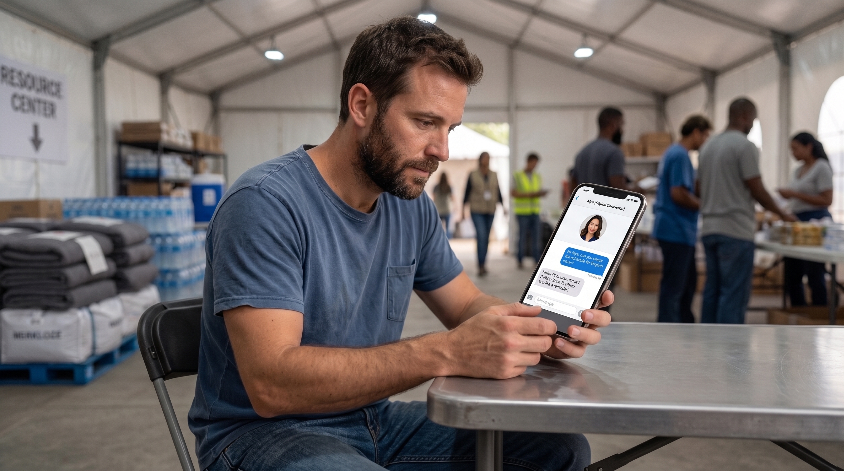 Een bewoner gebruikt MyaGuide Reception via zijn telefoon